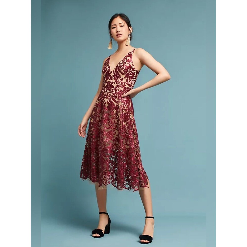 Dress the Population Blair Sequin Lace Fit & Flare Midi Dress Size Large NWT